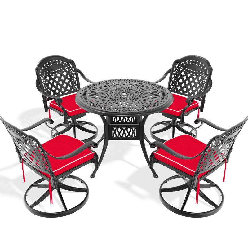 4 Outdoor Dining , Cast Aluminum, 35.43" Round Table & Swivel Chairs, Black, Corrosion Seat 5 Aluminum And Chair Table, 4 To Elements, Comfortable Padding