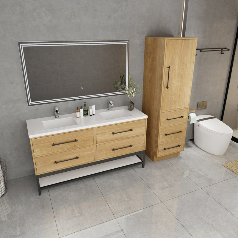 Meuble-lavabo mural avec lavabo et support en acrylique renforcé Victoria, Chêne
