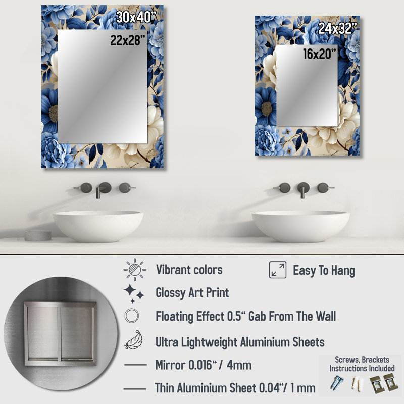 Lincoln Cobalt Blue Neo Victorian Roses Victorian Pattern - Floral Large Wall Mirror, Cottage Unique Mirror, Printed Metal Art
