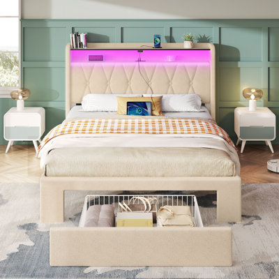 Bed Frame with RGB LED Lights, Upholstered Bed with Drawers and Charging Station by Wrought Studio