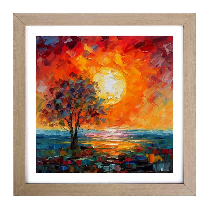 Sunset Palette Knife Painting No.2 - Single Picture Frame Print on Wood, Oak