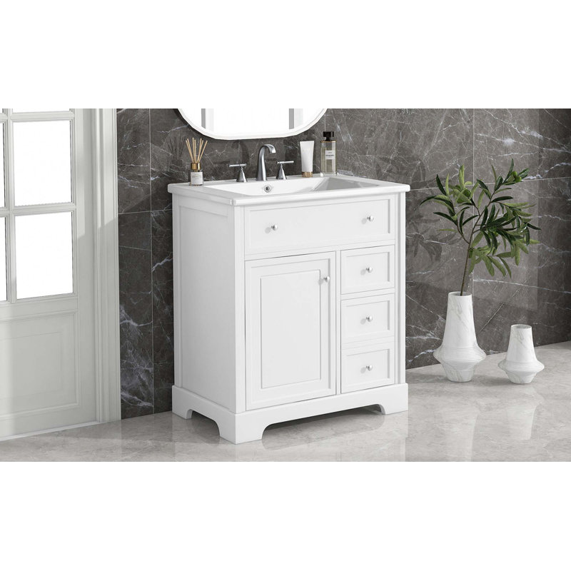 Meuble-lavabo de 30 po avec comptoir, meuble-lavabo avec porte et deux tiroirs, planches en panneau de fibres à densité moyenne, bois massif, un paquet