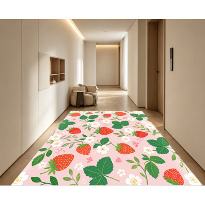 Tapis mignon à motif de fraises, motif floral rose, tapis antidérapant lavable, décoration intérieure vibrante pour salon, chambre à coucher, cuisine, appartement
