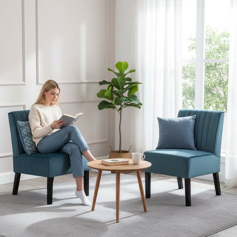 2 piece Channel tufted back slipper chair, Blue