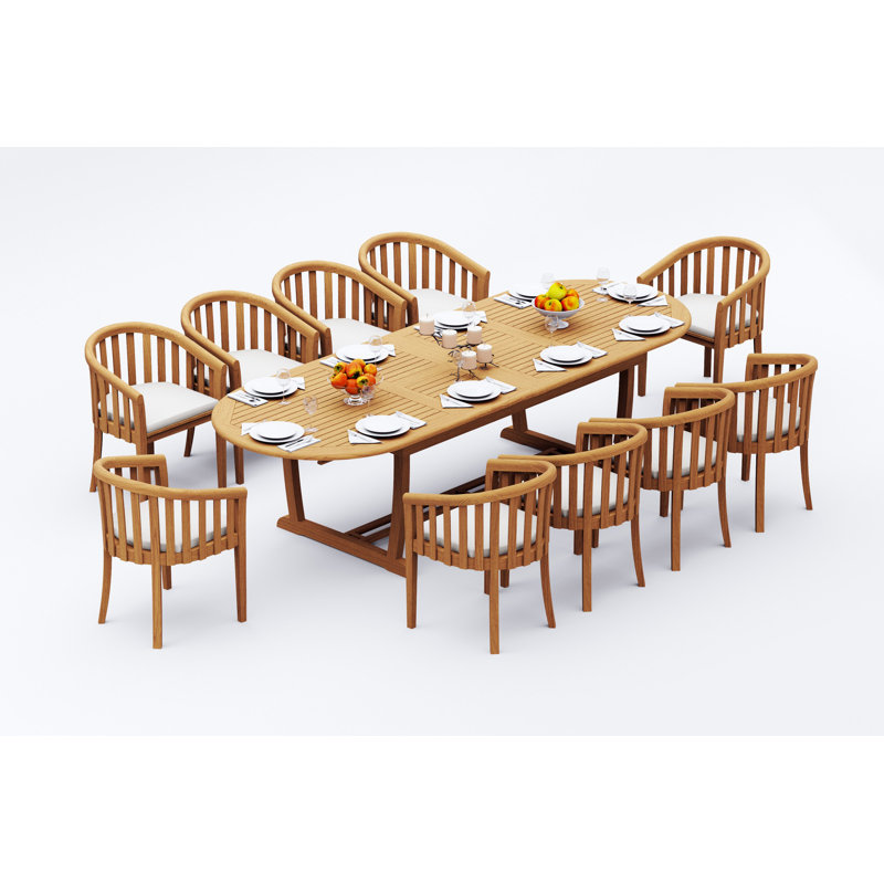 11 Pcs Grade-A Teak Wood Dining Set: 118" Double Extension Mas Oval Trestle Leg Table And 10 Lenong Arm Chairs #11LN2710, 10