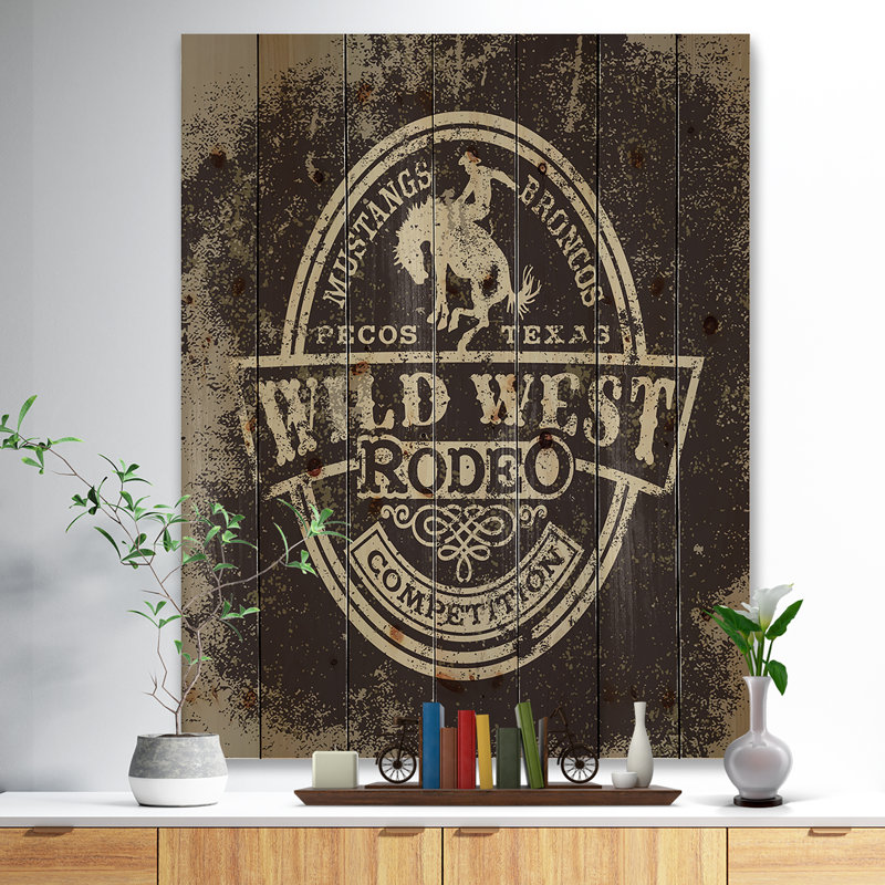 «Wild West Rodeo», reproduction d'art textuel, H 20 po x l 15 po x P 1po, Bois