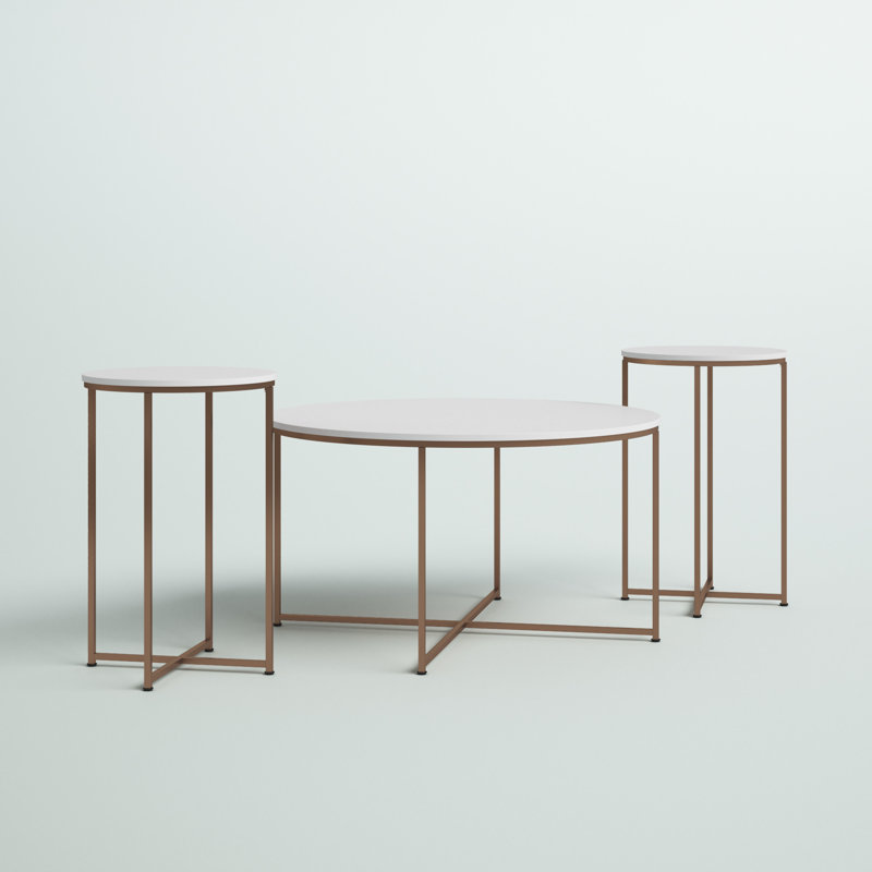 Norrell Laminate Table Set with X Metal Frame with Coffee Table and 2 End Tables, Gold