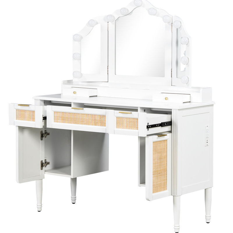 Bureau de maquillage 44,82 "avec 13 lumières à DEL de style classique, 3 modes d'éclairage, miroir à trois volets, 5 tiroirs de rangement, station de charge, ambiance bohémienne moderne pour les ampoules, les tiroirs et les tablettes de la chambre à coucher,