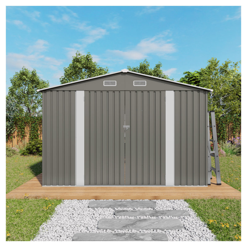Grande remise de jardin en métal 10 x 12 pi avec portes et fenêtres doubles - Édifice de rangement extérieur imperméable pour la cour, le patio et la pelouse