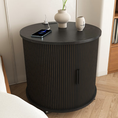 Set of 2 Mid Century Modern Cylinder End Table with Built-in Charging Station & Sliding Door, 2-Tier Storage Round Nightstand with USB Ports, Bedside Table for Living Room, Bedroom, Entryway