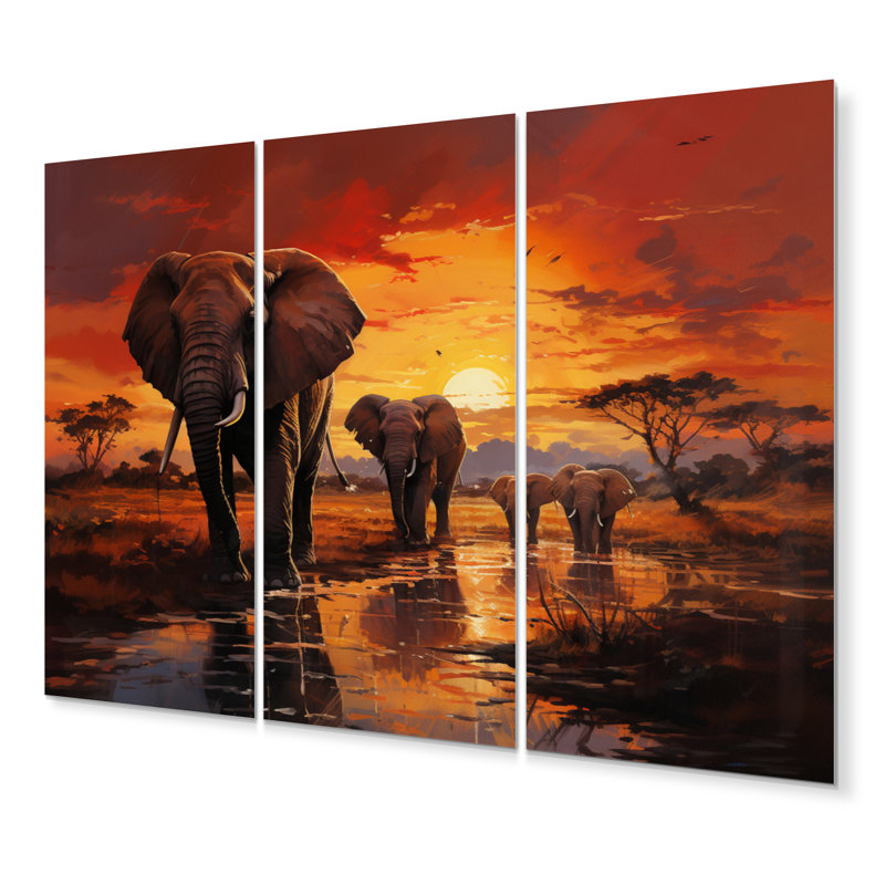 Photographie d'éléphant d'Afrique au coucher du soleil II - animaux, ensemble de reproductions d'art mural en métal