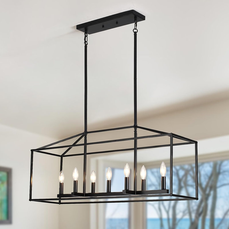 Lustre carré / rectangulaire à 5 lumières pour îlot de cuisine à intensité variable, Noir, 5 lumières