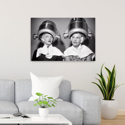1950S Two Women Sitting Under Beauty Salon Hair Dryers Wearing Hairnets Towels Talking Gossip Classic Retro Vintage Portrait Wall Art