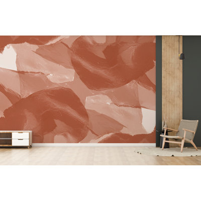 Papier peint moderne à coups de pinceau abstraits - monochrome avec accent terre cuite | Texture peinte, peinture murale minimaliste (pelez et collez) 