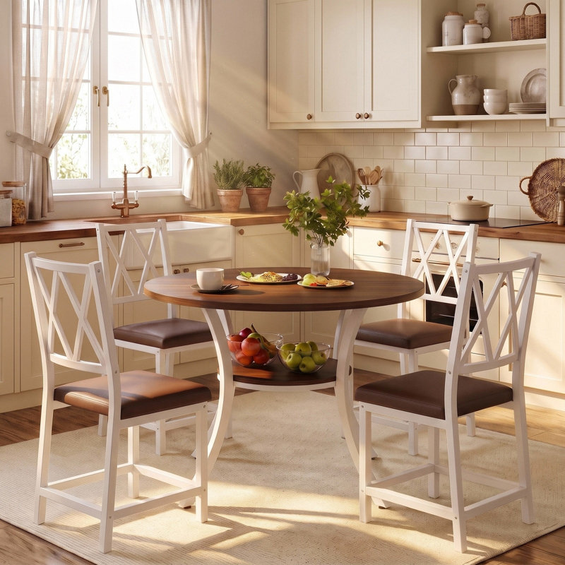 5-Piece 35.4" Round Extendable Dining Table Set, Brown, Brown, White