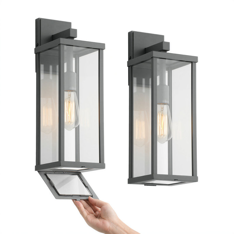 Olar Classic 18'' H 1-Light Outdoor Wall Sconce, Gray Rectangular Metal Frame with Clear Glass Shade, Waterproof, Gray, 1