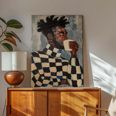 Art afro-américain sur toile, noir et blanc, personnes, peinture abstraite, décoration murale, mode, homme noir moderne, buvant du café, affiches pour cuisine, scène de chambre, décoration intérieure, 12 x 16 po