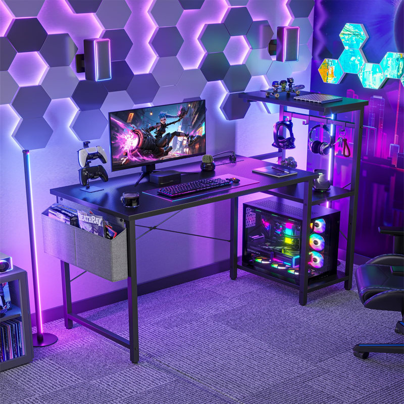 Metal Base Computer Desk with Power Outlet, Black