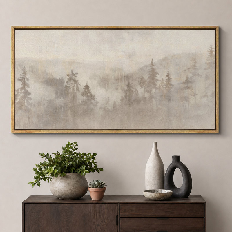 «Woodland Forest Landscape Misty Forest Soft Neutral Landscape Illustration Modern Large Large Canvas Art, art mural»