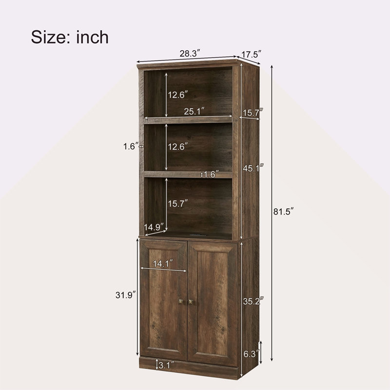 1 Doors Bookshelf With USB Port And 3 Open Shelves Bookcase Side Cabinet Storage Shelves, Rustic, Brown