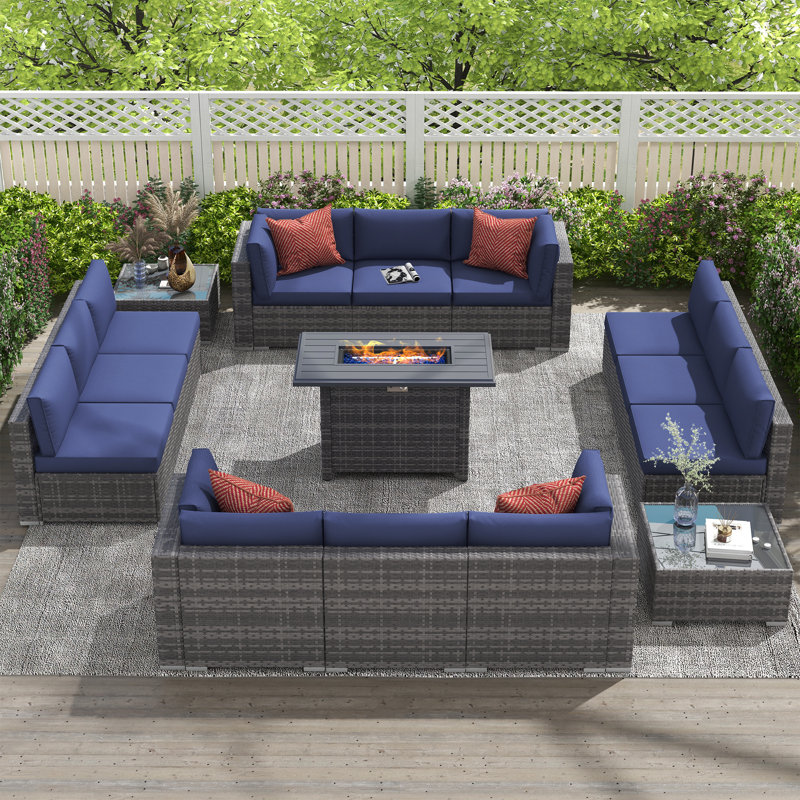 12 - Person Outdoor Seating Group With Fire Pit, Gray Frame/Blue Cushion
