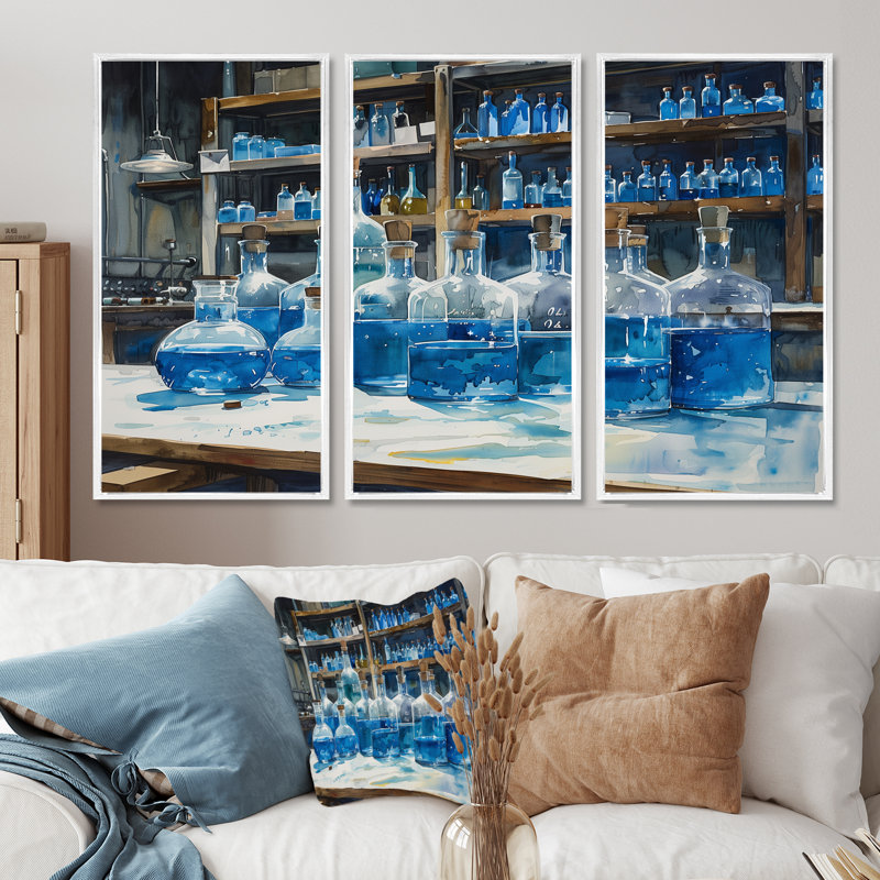 Laboratoire chimique, ensemble d'art mural, Toile encadrée flottée blanche, H 40 po x l 60 po x P 1 po
