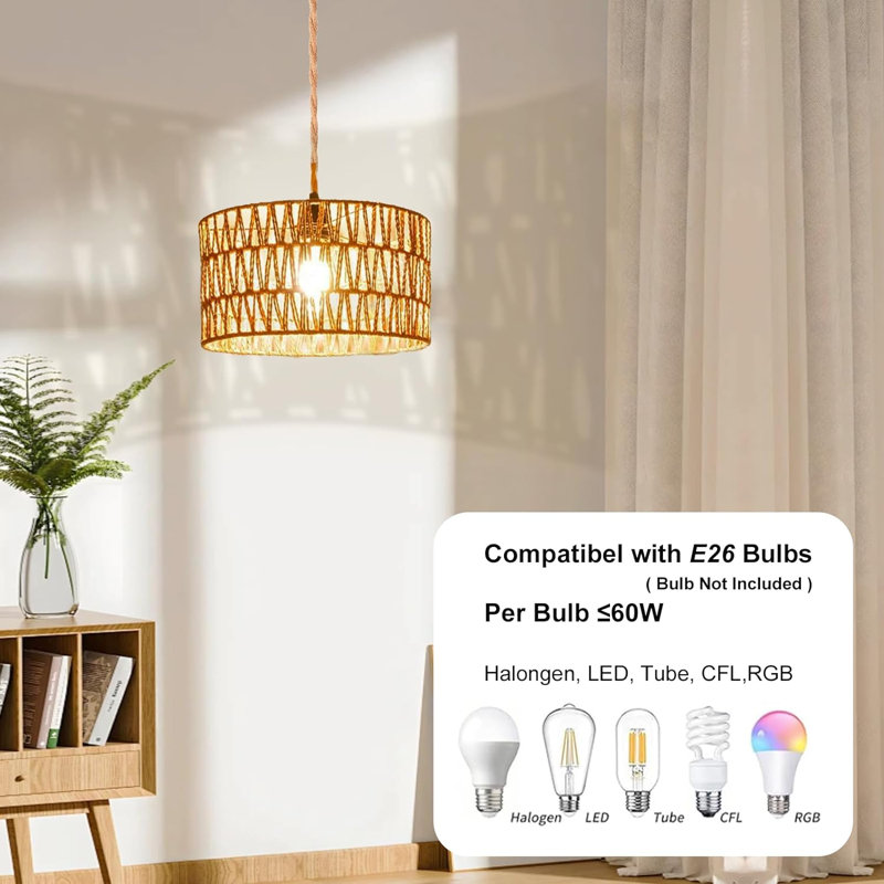 Natural Rattan and Metal Plug-In Pendant Light with Cylindrical Shade