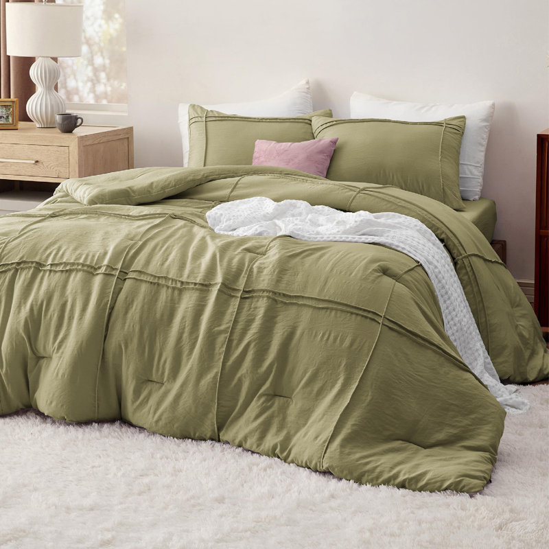 Bedsure Prewashed Pinch Pleat Bedding Sets, Full Comforter + 3 Additional Pieces, Olive Green