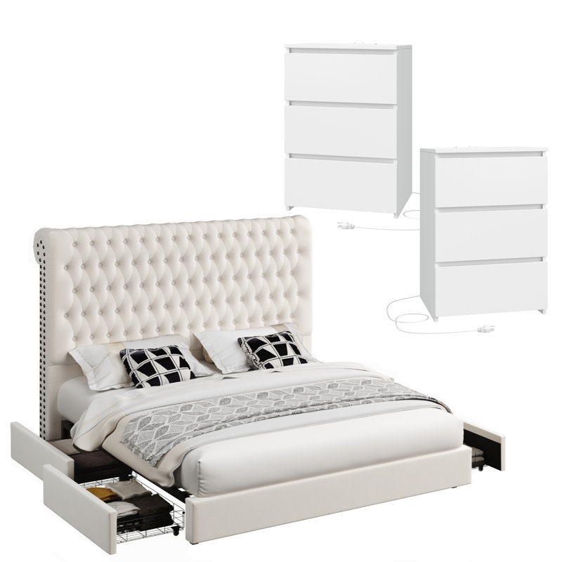 Ensemble de chambre à coucher 3 pièces, grand lit à oreilles blanc cassé, Très grand, Beige