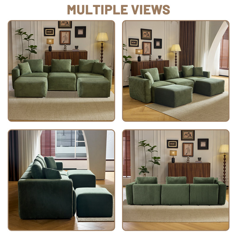 Canapé modulaire en velours côtelé avec pouf de 110 po Boneless, Velours côtelé vert