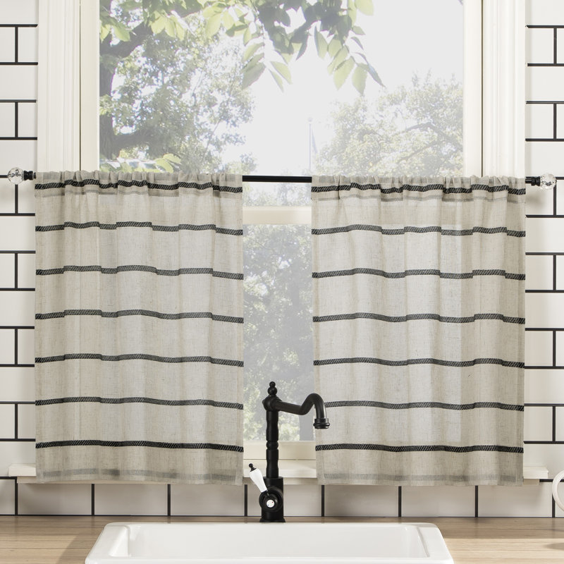 Clean Window Aso Twill Stripe Linen Blend Sheer Rod Pocket Kitchen Curtain Tier Pair, 52" x 24"