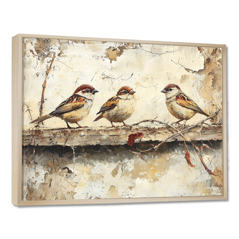 Bird Sparrows By The Farm House - art mural grand oiseau, H 12 po x l 20 po, Floater Framed, Crème, crème