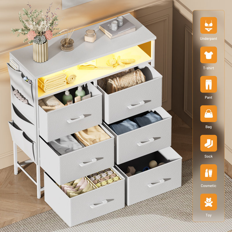 Dresser For Bedroom With 6 Drawers, Fabric Chest Of Drawers With Open Shelves & Side Storage Bags, Dresser TV Stand With LED Lights For Living Room, Closet, Entryway, White