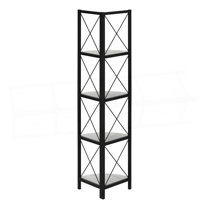 Bookcase, Bookshelf,Etagere, Corner, 4 Tier, 60"H, Office, Bedroom, Laminate, Metal, Contemporary, Modern, Grey