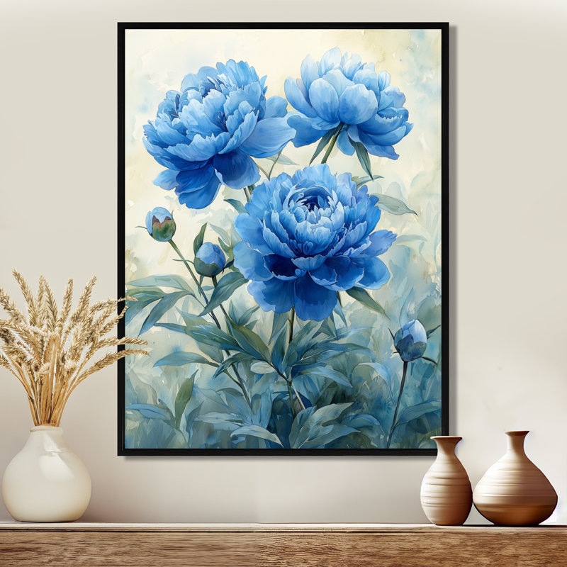 Jacquelle, pivoines bleues dans le jardin I - pivoines, art mural, Impression sur cadre flottant, H 32 po x l 24 po, Noir