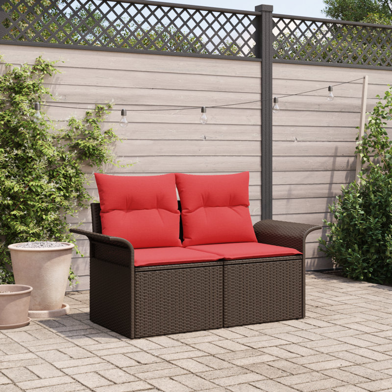  Canapé de jardin 2 places avec rangement et coussins en rotin de polyester brun, Structure brune / coussin rouge