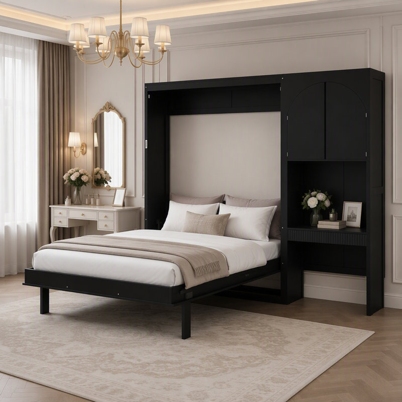 Lit escamotable Queen avec armoire latérale, bureau intégré et éclairage DEL, Noir