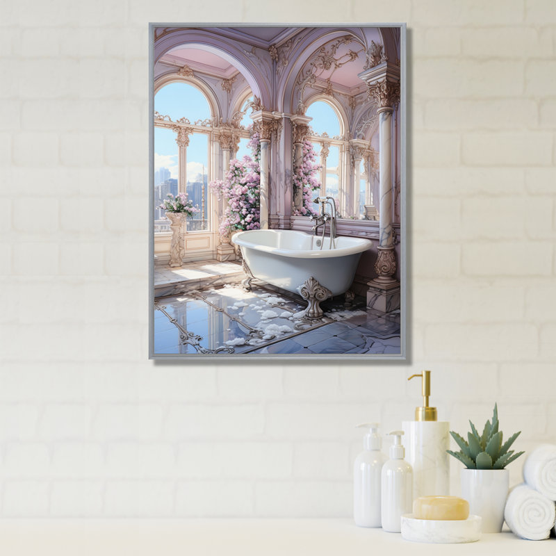 Salle de bain pastel Serenity II - Art mural de salle de bain, H 32 po x l 24 po x P 1 po, Cadre argenté flottant
