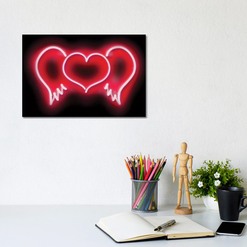 Neon Heart Wings Redon Black by Hailey Carr - Wrapped Canvas Print, 20.32 cm H x 30.48 cm W