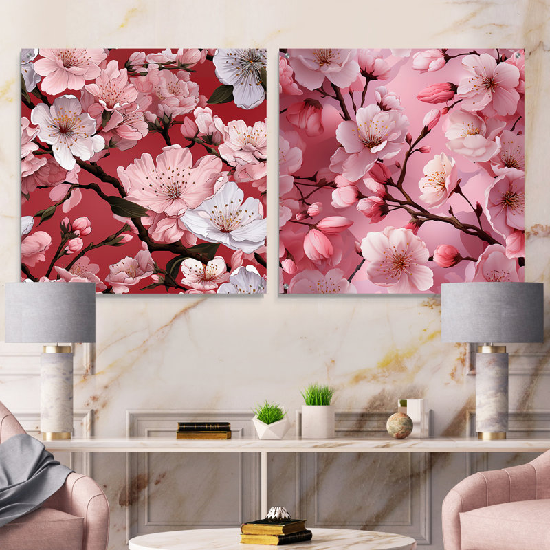 Rose Sakura Blossoms Floral - Japon, ensemble d'art mural acrylique sur verre, ensemble de 2, H 30 po x l 61 po