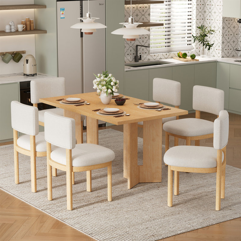 Table de salle à manger en bois pour 6 personnes avec 6 chaises rembourrées Farmhouse, Bois naturel délavé