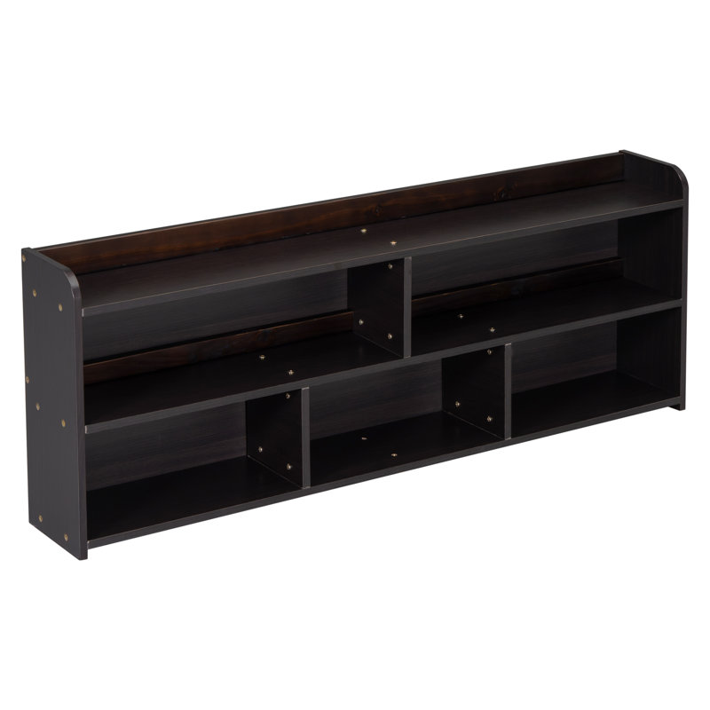 Lit double avec tête de lit bibliothèque, tiroirs de rangement sous le lit et étui de rangement de bout de lit, espresso