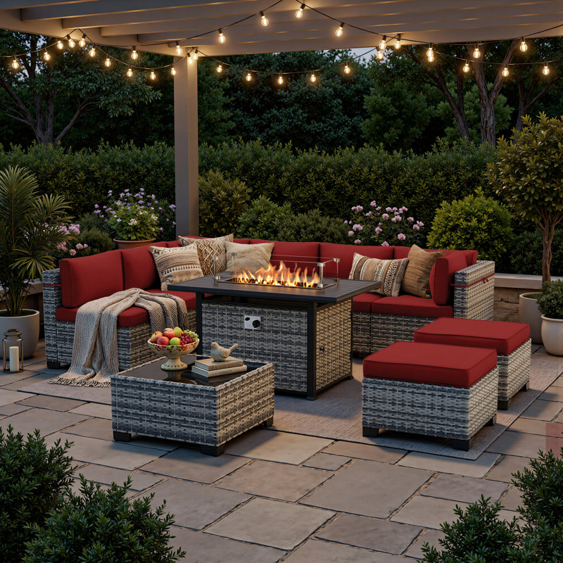 10-Piece Outdoor Patio Conversation Set With 55,000 BTU Propane Fire Pit Table, Wicker Sectional Sofa, 2 Ottomans & Coffee Table