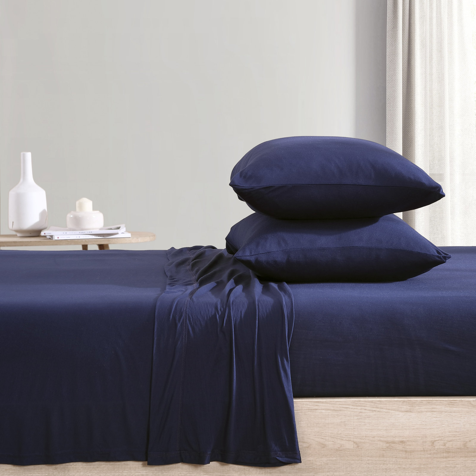 Fransen Sheet Set, Full/Double Sheet Set with 2 Pillowcases, Navy