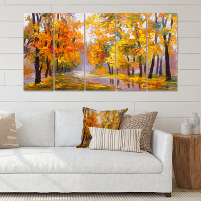 «Forest Full of Fallen Leaves in Autumn», ensemble de 5 reproductions d'art sur toile tendue