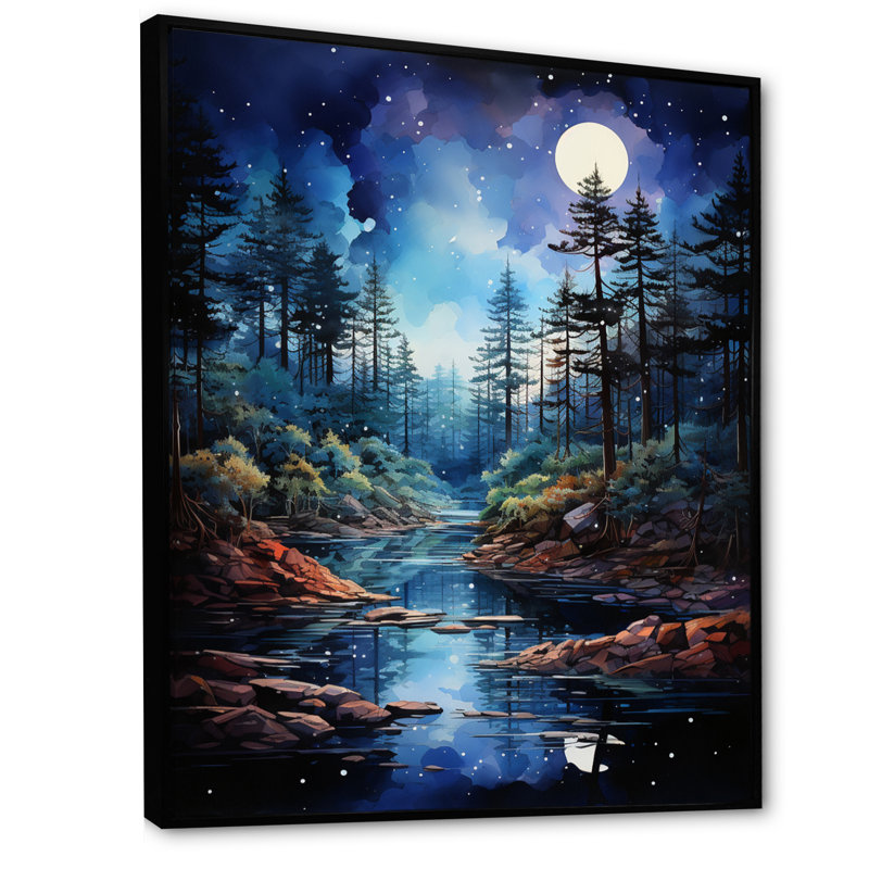 «Blue Pine Tree Midnight Serenity I», reproduction sur toile flottante, H 20 po x l 12 po x P 1 po, Cadre photo noir