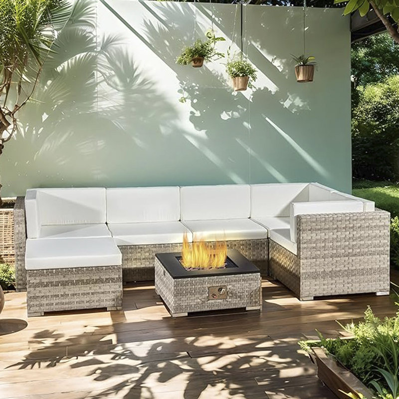 Oseasons® Trinidad Rattan Modular 6 Seat Firepit Chaise Lounge Set in Dove Grey