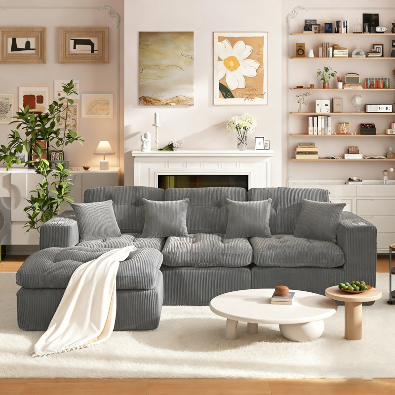 105" Reversible L-Shape Sectional Sofa with Ottoman & Pillows, Modern Soft Corduroy Upholstered Boneless Couch, Spacious Sofa for Living Room & Apartment