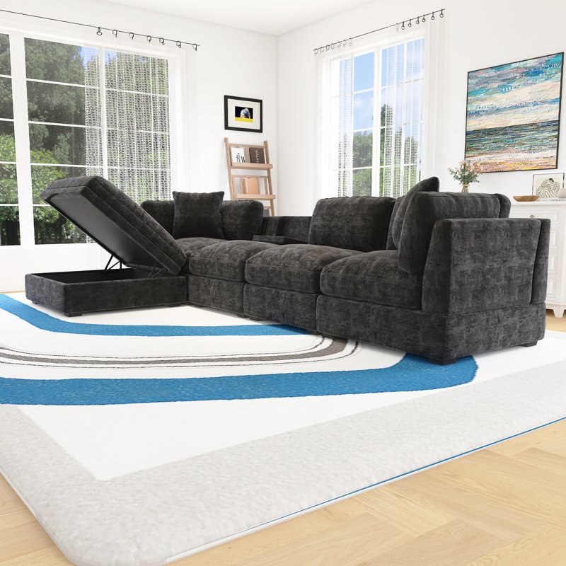 Canapé rembourré modulaire avec repose-pieds de rangement amovible, Coton gris