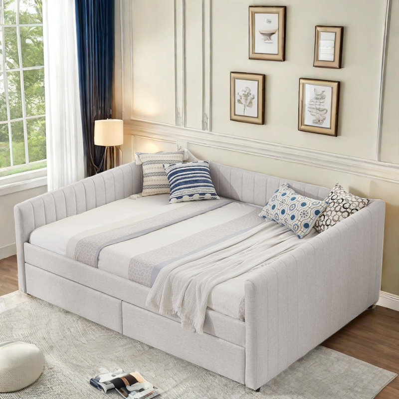 Upholstered Daybed with Two Drawers Rainbolt, Beige